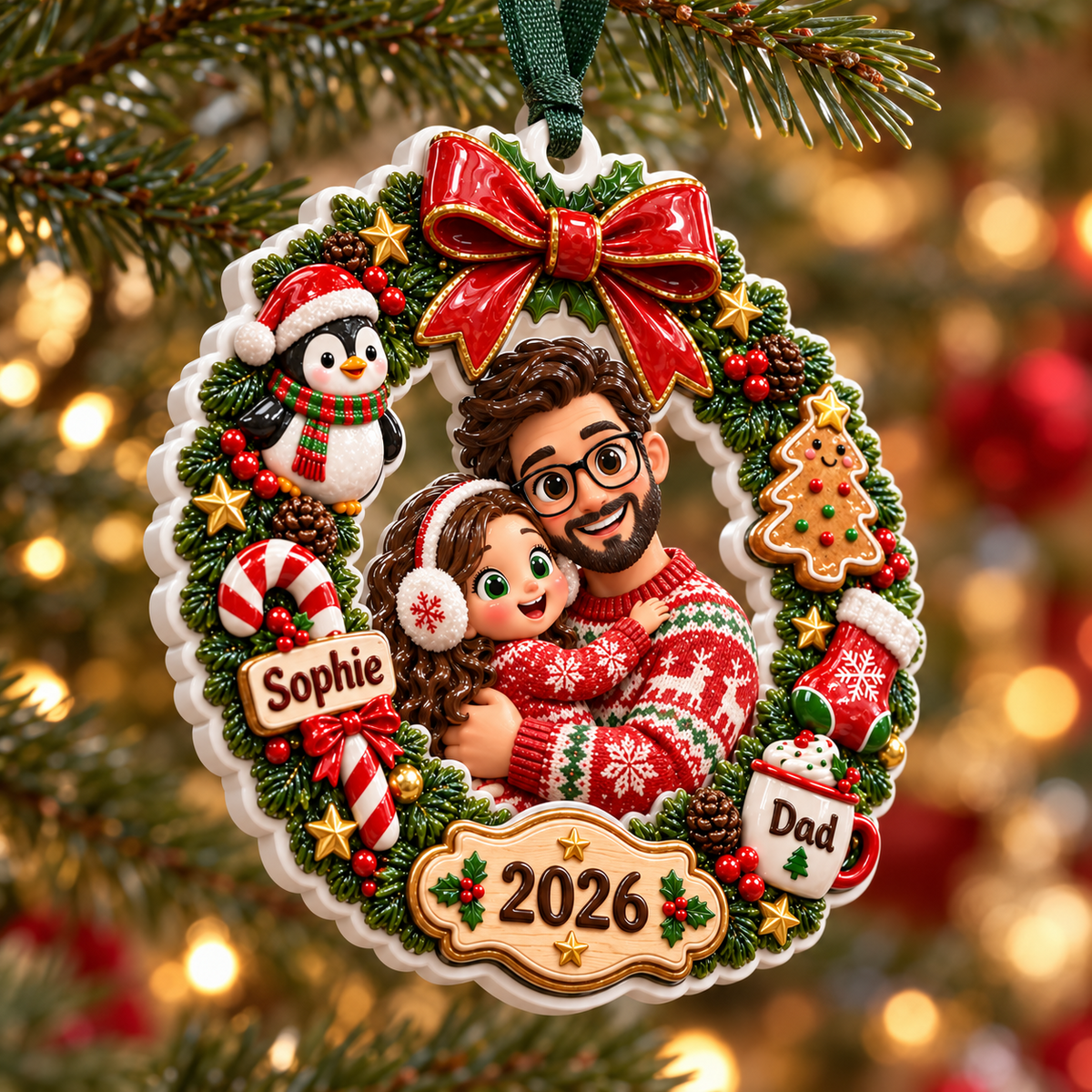 Father and Daughter Christmas Wreath Holiday Keepsake - 3D Relief Ornament