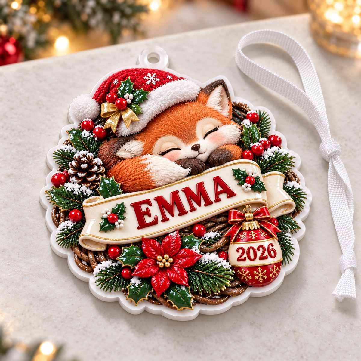 Sleeping Fox Wreath with Santa Hat Acrylic Christmas Keepsake - 3D Relief Ornament