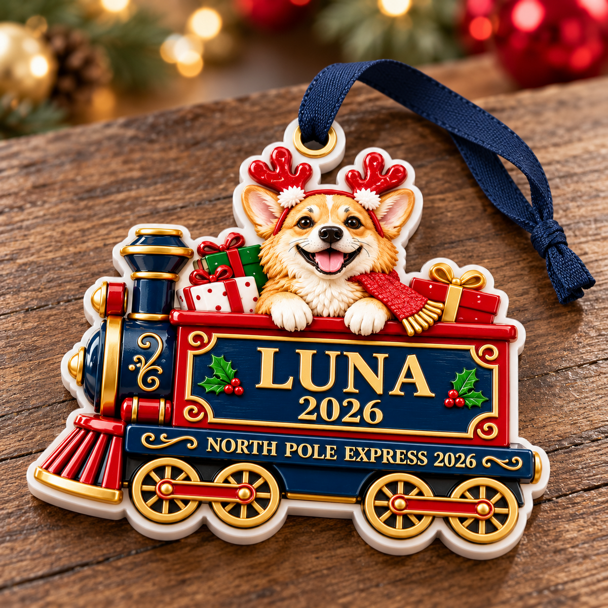 Corgi Dog North Pole Express Train Christmas Holiday Keepsake - 3D Relief Ornament