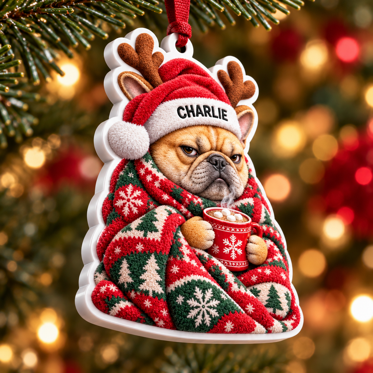 Grumpy French Bulldog in Christmas Blanket Acrylic Holiday Tree Decor - 3D Relief Ornament