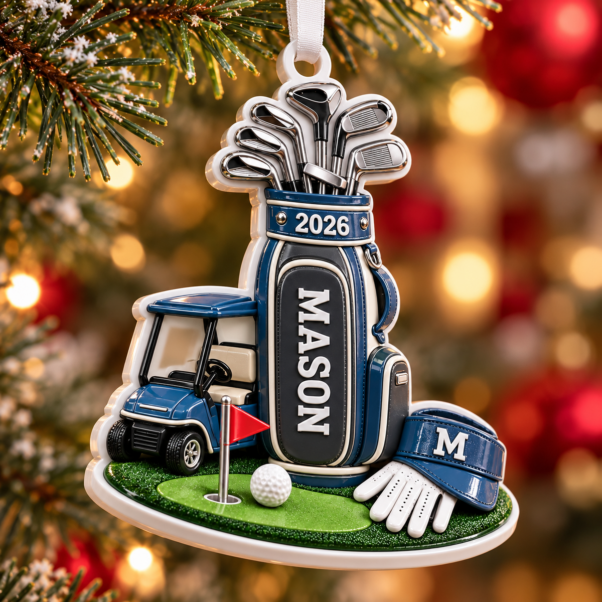 Golf Cart Bag and Clubs Holiday Tree Hanging Decoration - 3D Relief Ornament