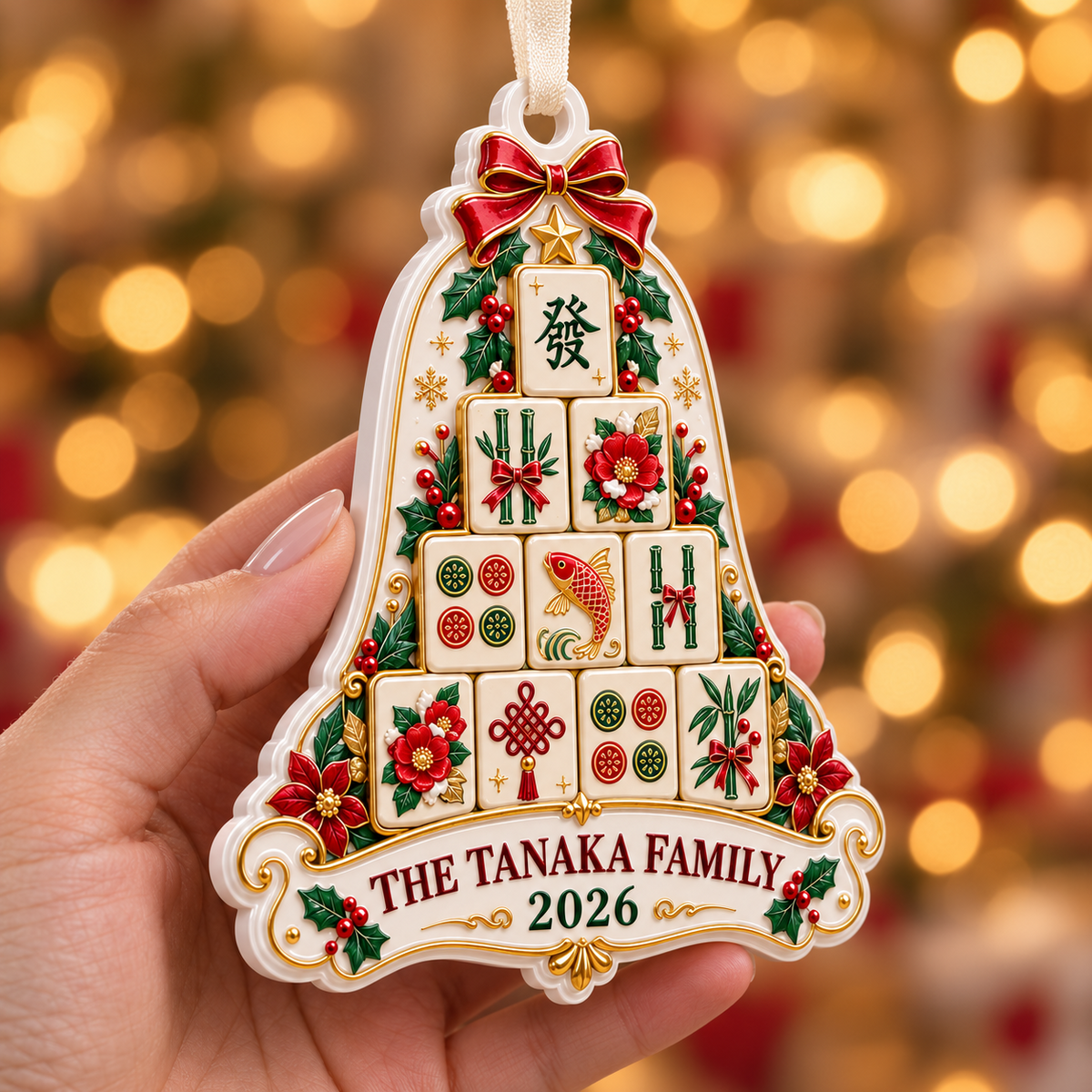 Mahjong Tile Christmas Bell Hanging Keepsake, Holiday Tree Decor - 3D Relief Ornament