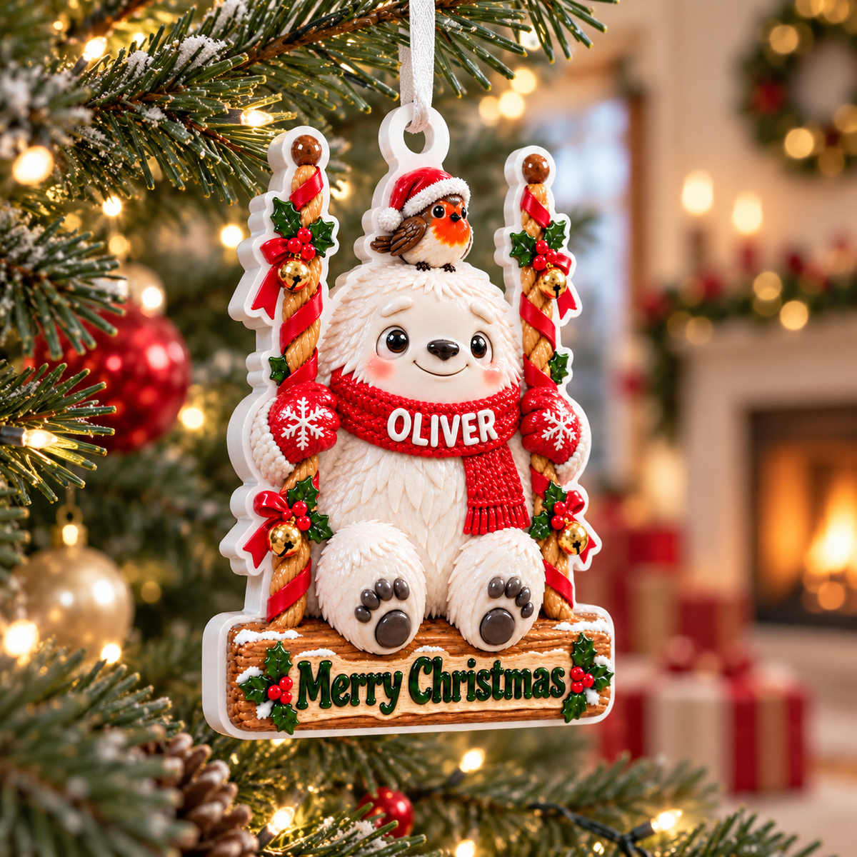 Winter Yeti on Swing with Robin and Holly Christmas Tree Hanging Keepsake - 3D Relief Ornament