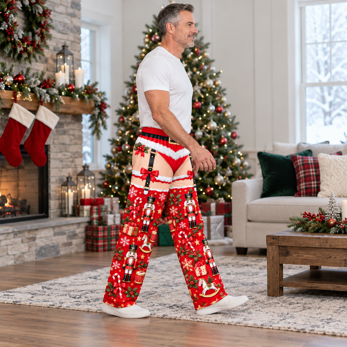 Christmas Pajama Pants Novelty Holiday Garter Print Lounge Trousers