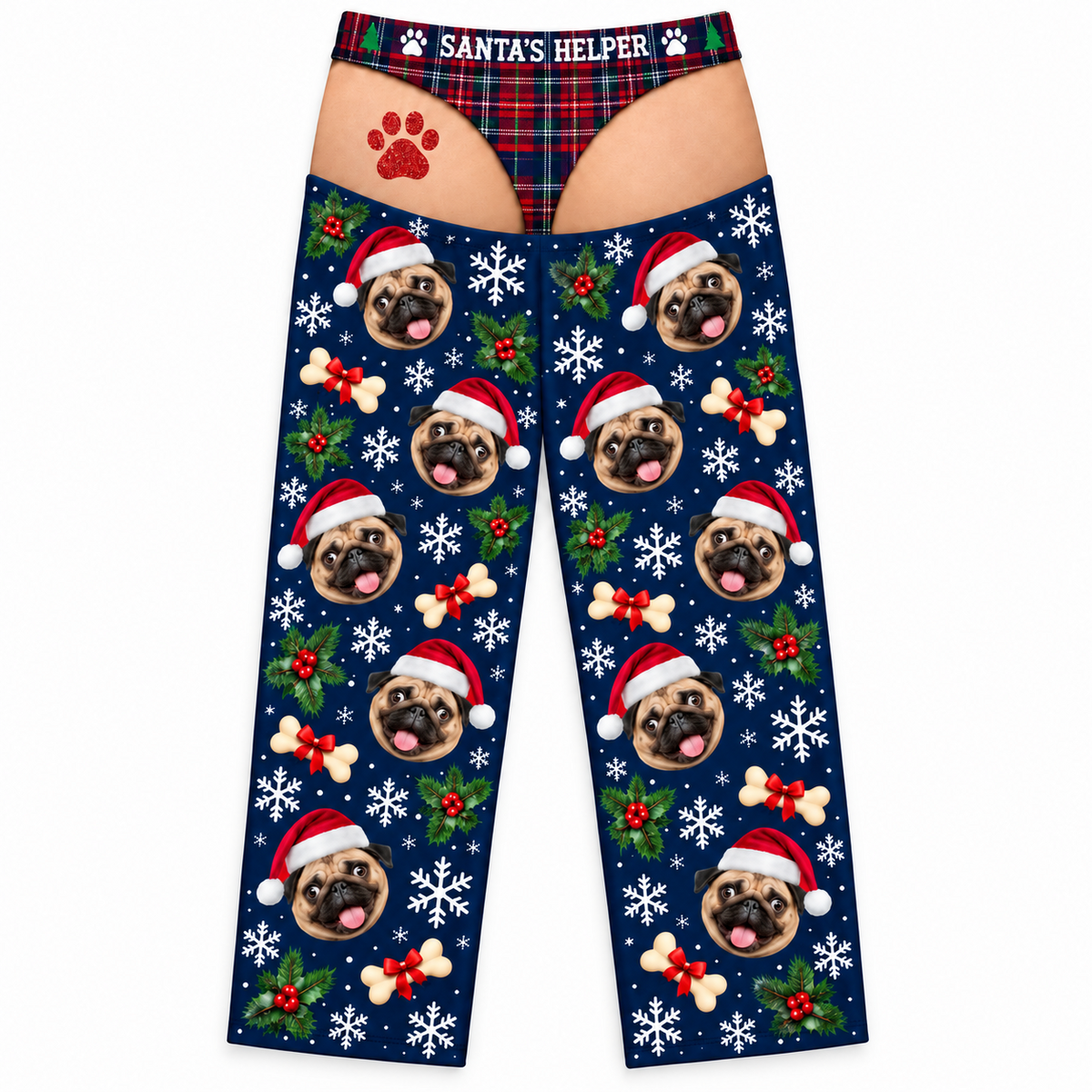 Mens Cutout Christmas Dog Print Pajama Pants with Plaid Briefs