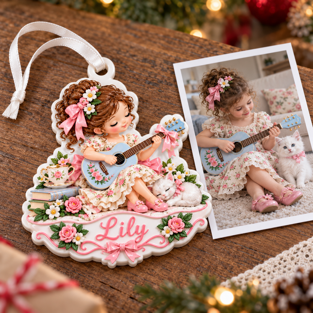 Girl Playing Guitar with Sleeping Kitten and Floral Teacup - 3D Relief Ornament