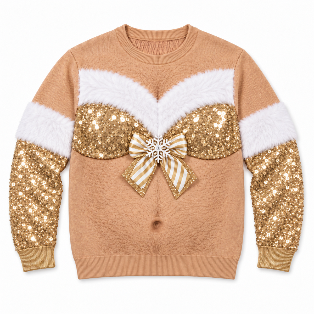 Ugly Christmas Sweatshirt Hairy Chest Sequin Bra Bow Crewneck