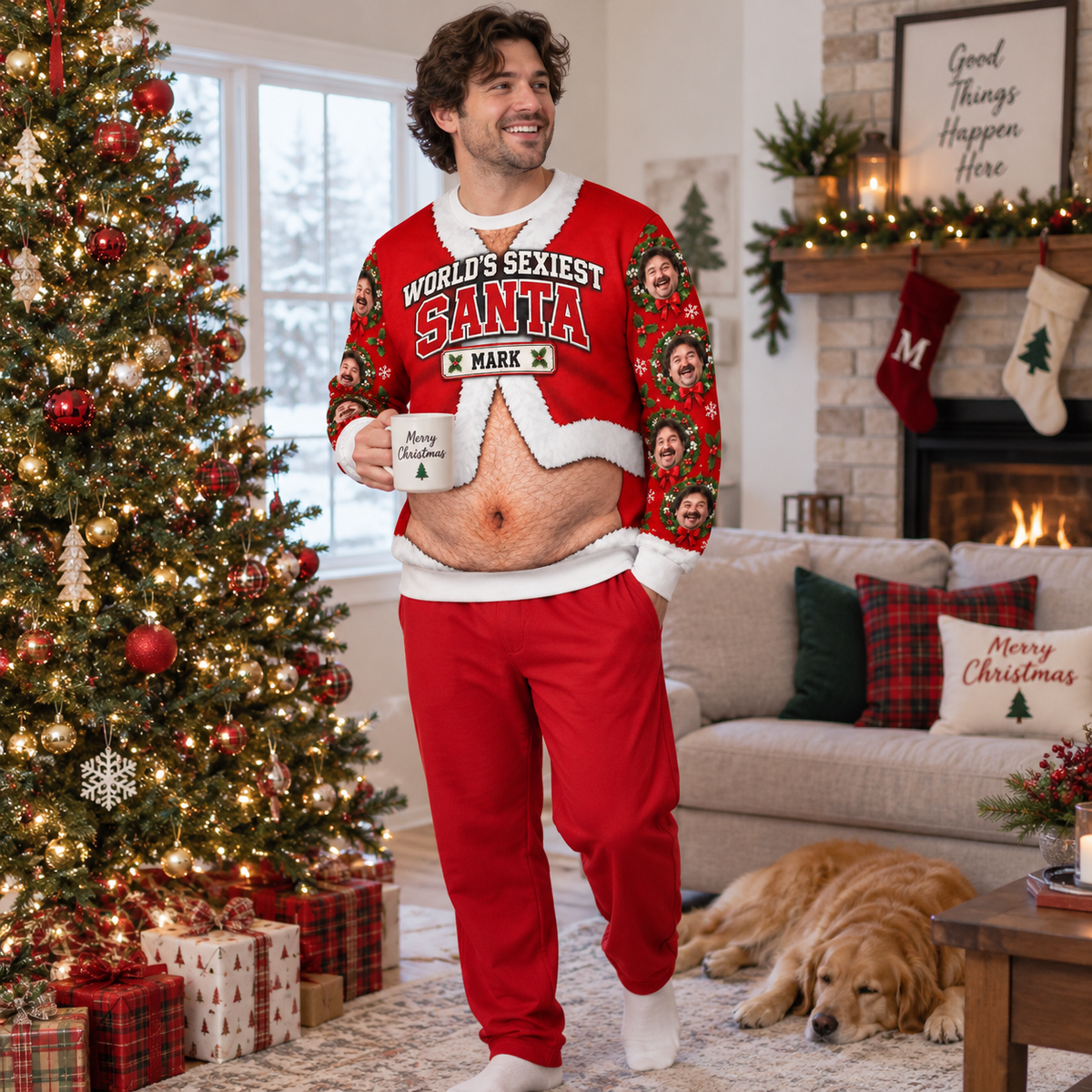 Funny Christmas Sweatshirt Hairy Belly Print Holiday Crewneck