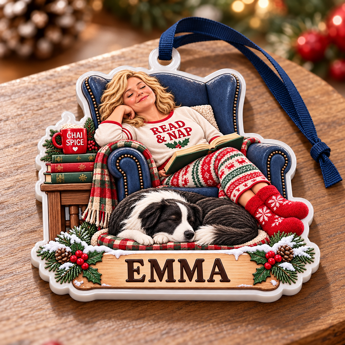 Cozy Woman Reading in Armchair with Sleeping Dog Acrylic Hanging Holiday Plaque - 3D Relief Ornament