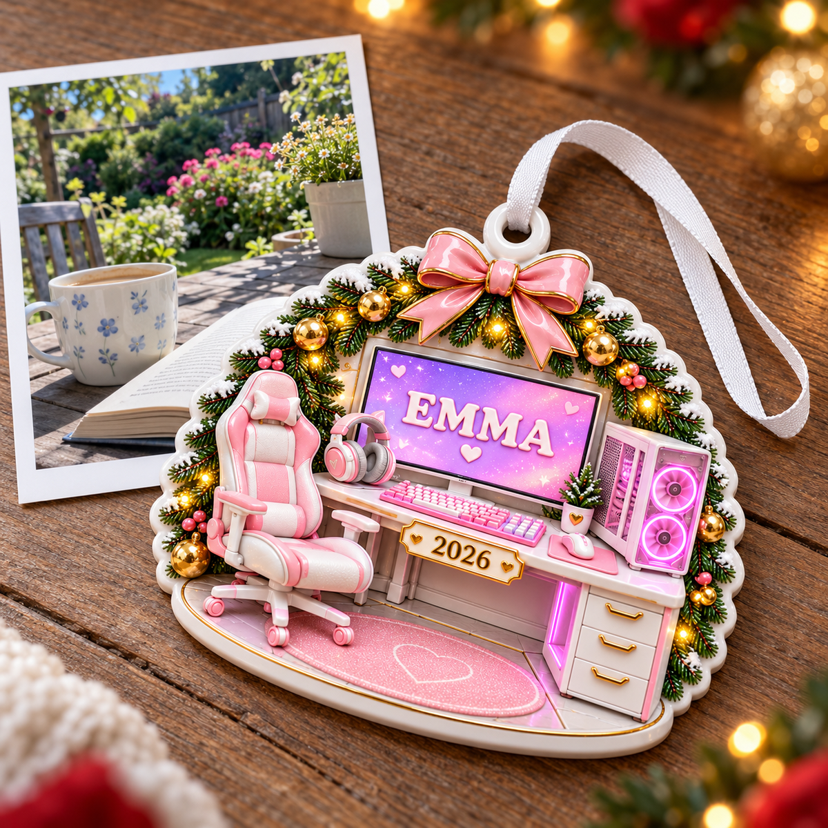 Gamer Girl Desk Setup with Pink Computer Chair and Wreath - 3D Relief Ornament