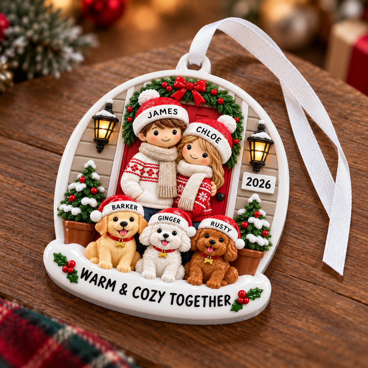 Couple with Three Dogs Front Porch Holiday Keepsake - 3D Relief Ornament