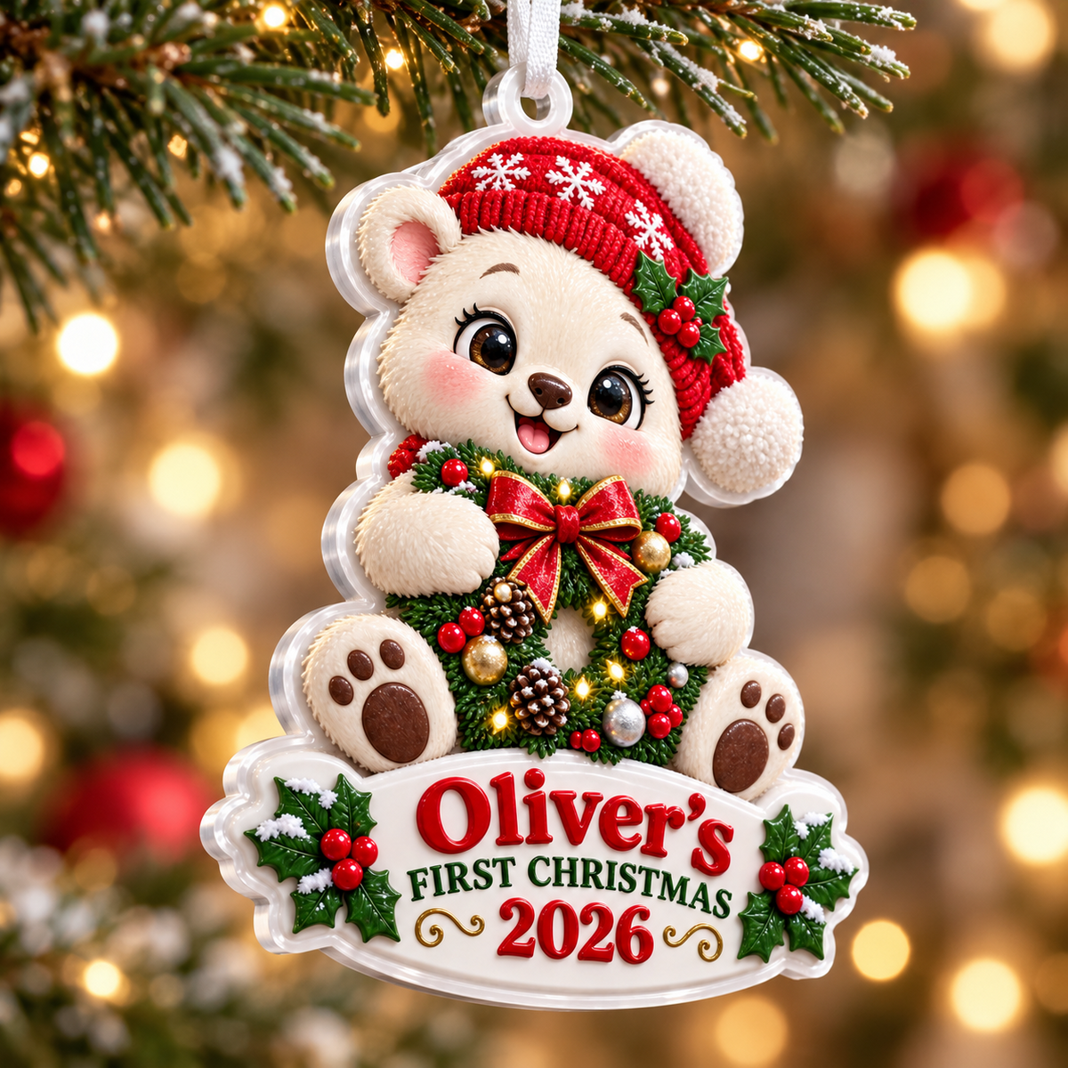 Baby Bear with Wreath First Christmas Acrylic Tree Hanging Keepsake - 3D Relief Ornament