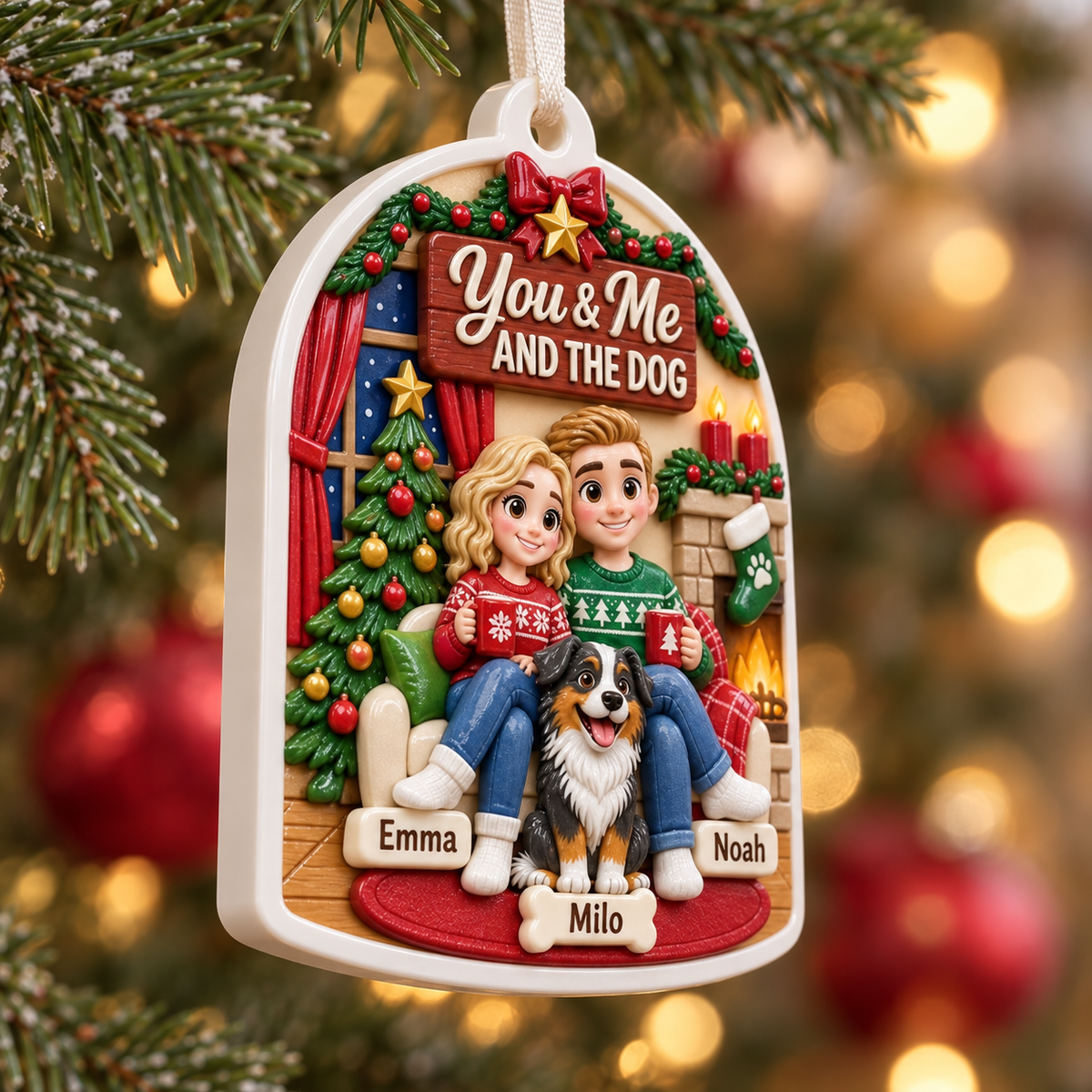 Couple and Dog Christmas Tree Decoration, Arched Fireplace Scene - 3D Relief Ornament