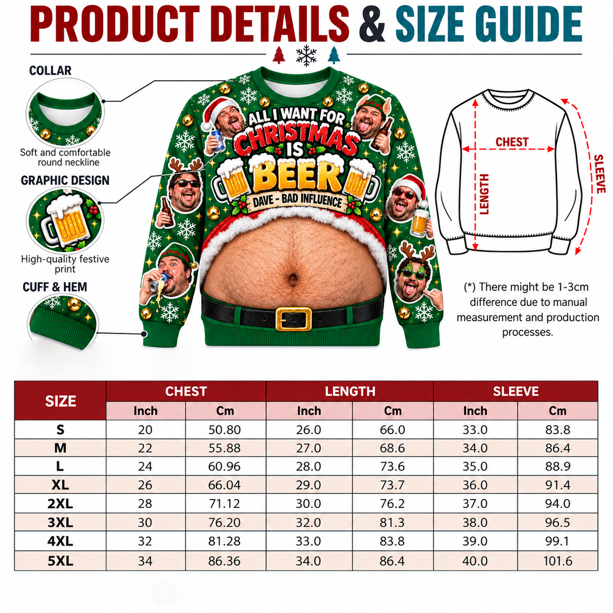 Beer Belly Christmas Sweatshirt Novelty Fake Hairy Stomach Pullover