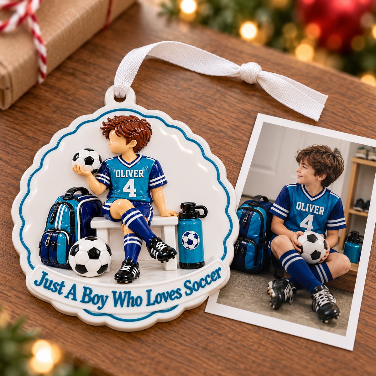 Soccer Boy Player Bench Holiday Keepsake with Scalloped Edge - 3D Relief Ornament