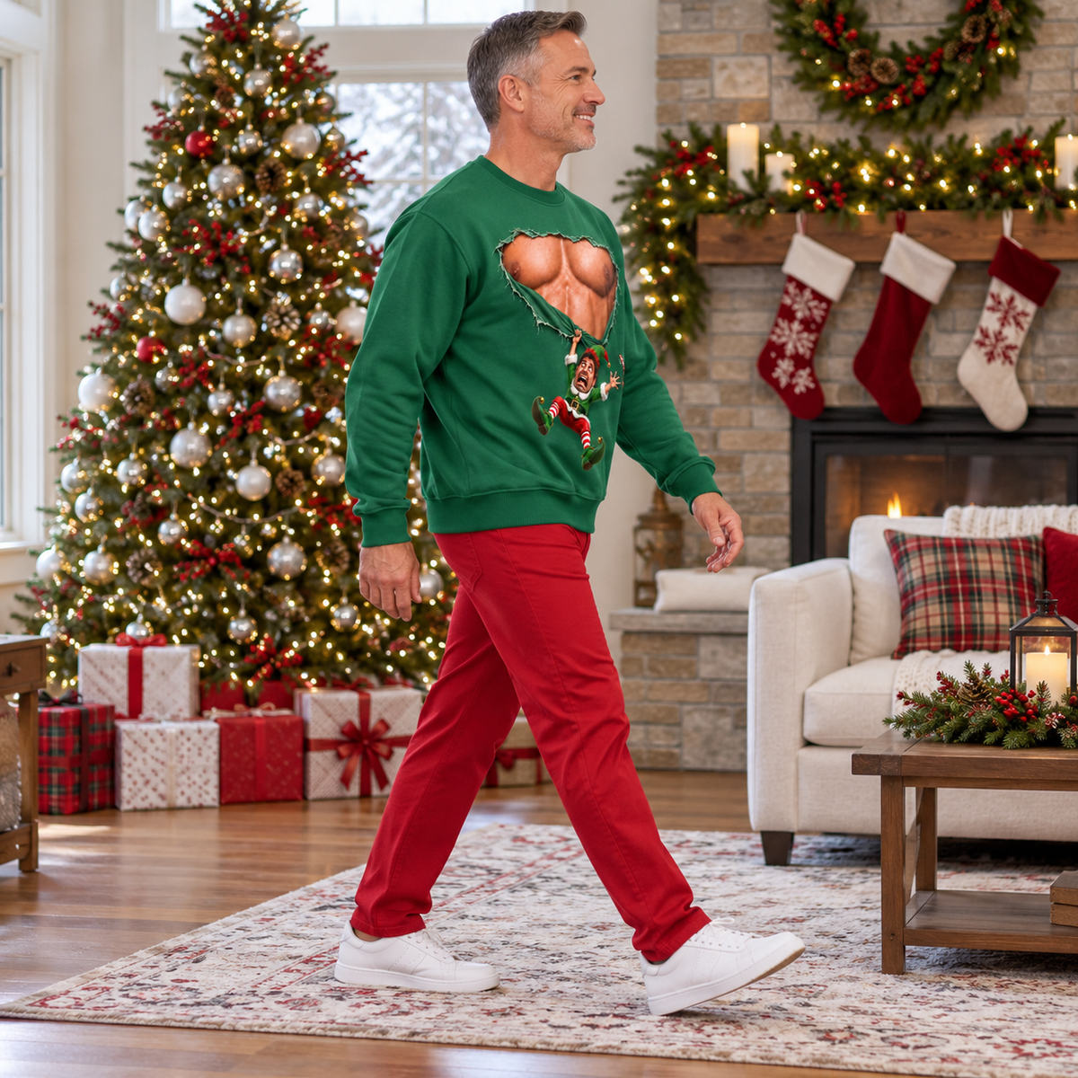 Christmas Sweatshirt with Ripped Muscular Chest Falling Elf Graphic