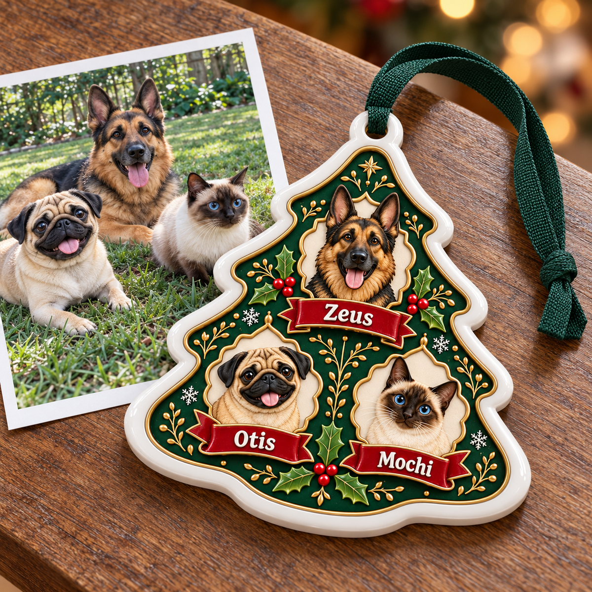 Christmas Tree Shaped Multi Pet Dog and Cat Ceramic Plaque - 3D Relief Ornament