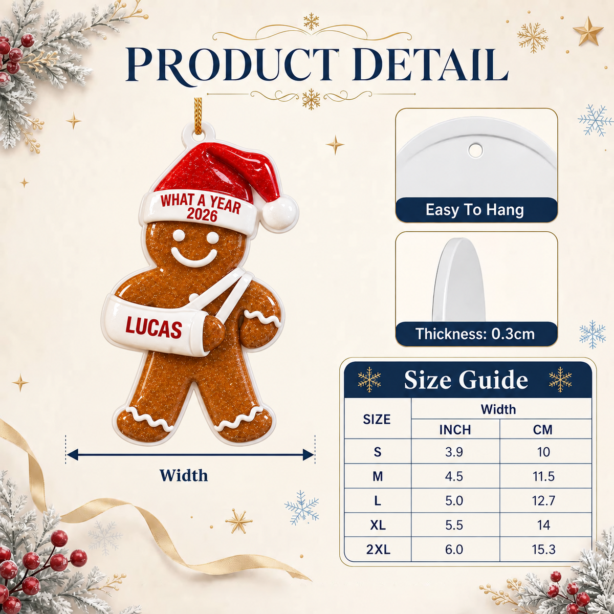 Gingerbread Man with Broken Arm Cast and Santa Hat Holiday Tree Decor - 3D Relief Ornament