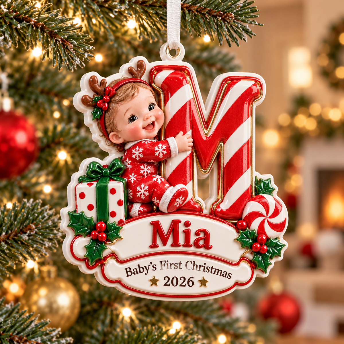 Baby First Christmas Initial Letter M Keepsake with Candy Cane Stripe - 3D Relief Ornament