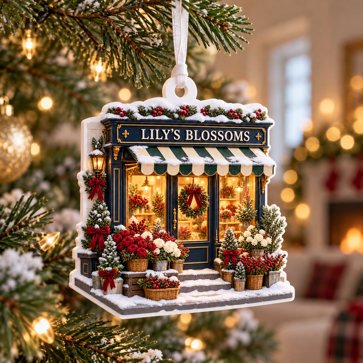 Winter Flower Shop Front Holiday Hanging Keepsake - 3D Relief Ornament