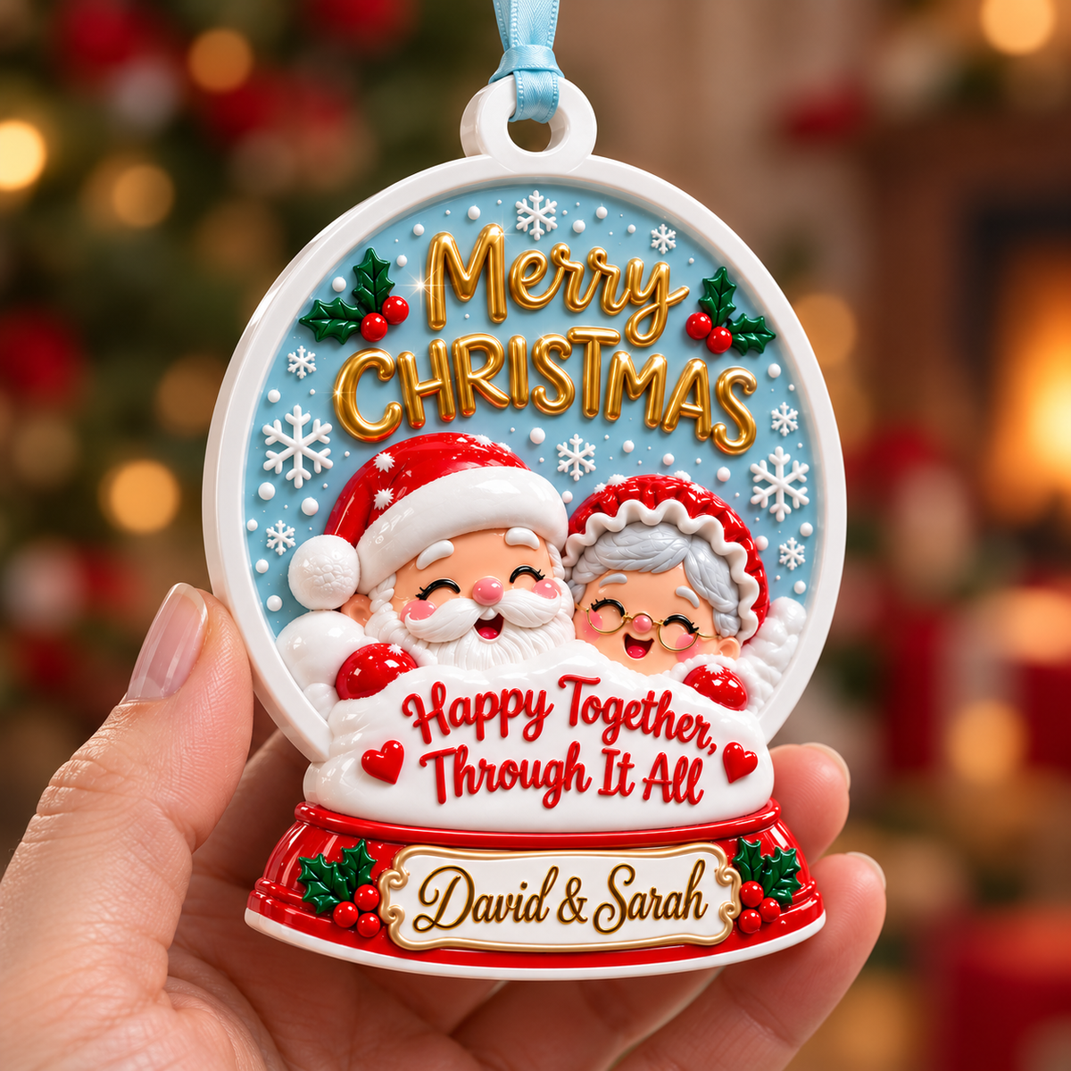 Couple Snow Globe Hanging Holiday Keepsake, Winter Theme Acrylic Medallion - 3D Relief Ornament