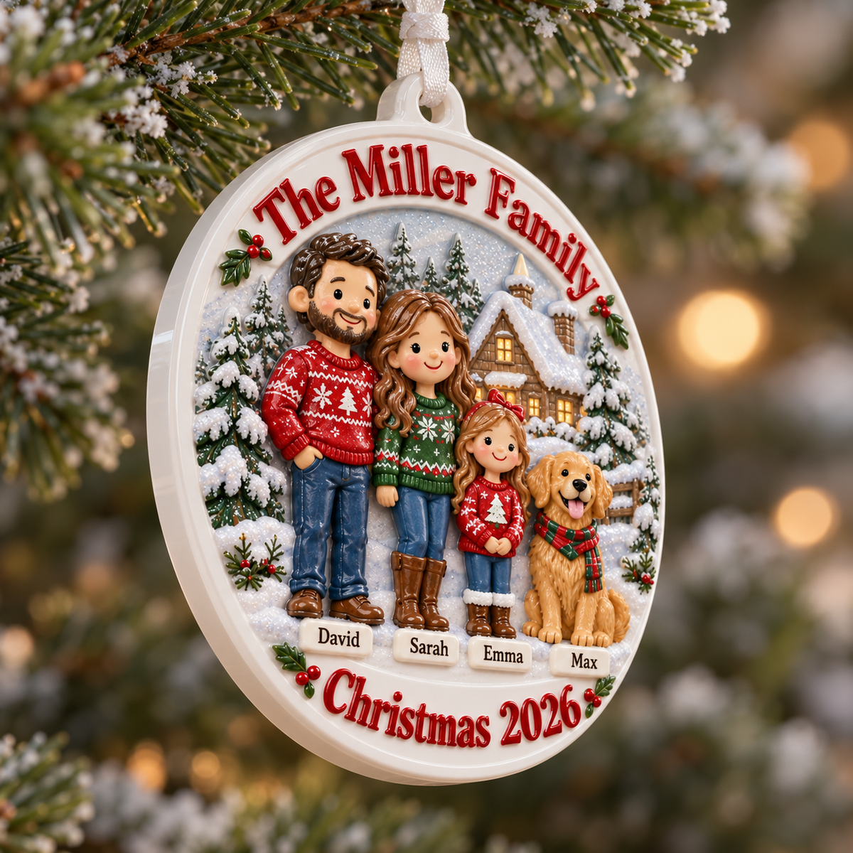 Family of Three with Dog Snowy Cabin Scene Holiday Keepsake - 3D Relief Ornament