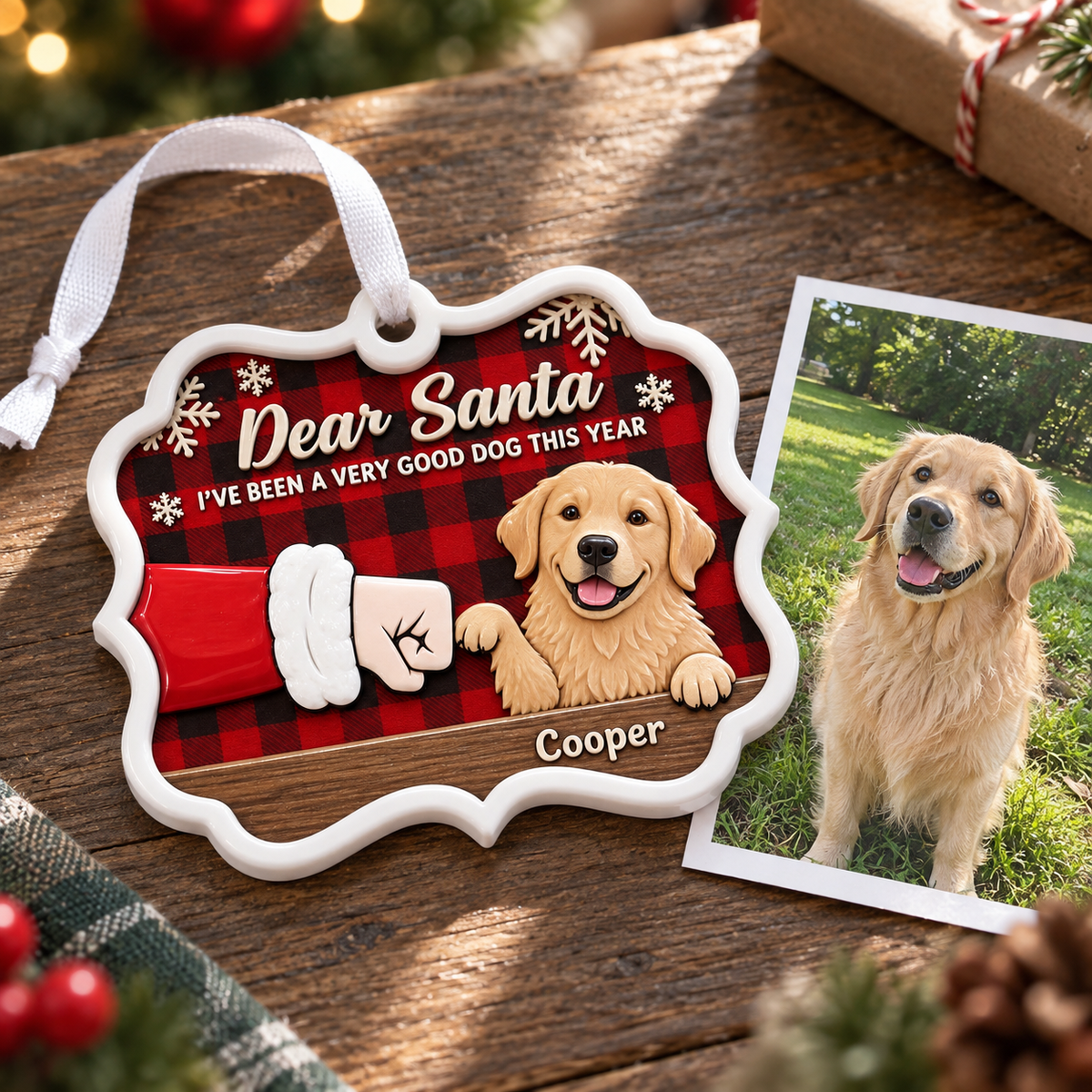 Golden Retriever Santa Fist Bump Red Plaid Holiday Tree Plaque - 3D Relief Ornament