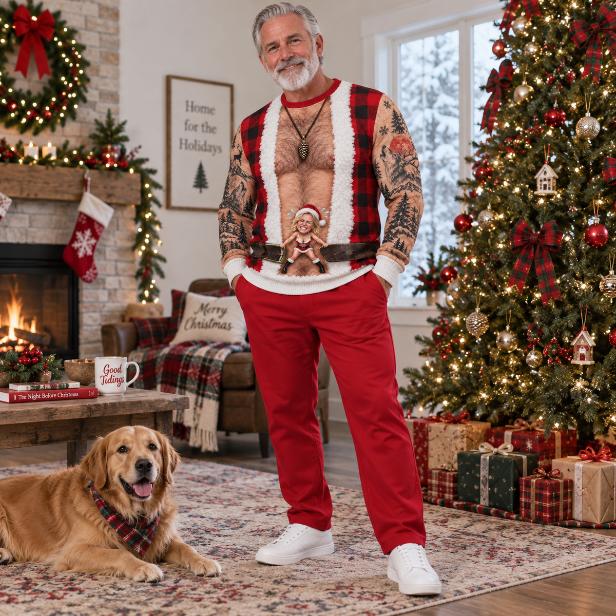 Funny Christmas Sweatshirt Hairy Chest Plaid Vest Tattoo Graphic