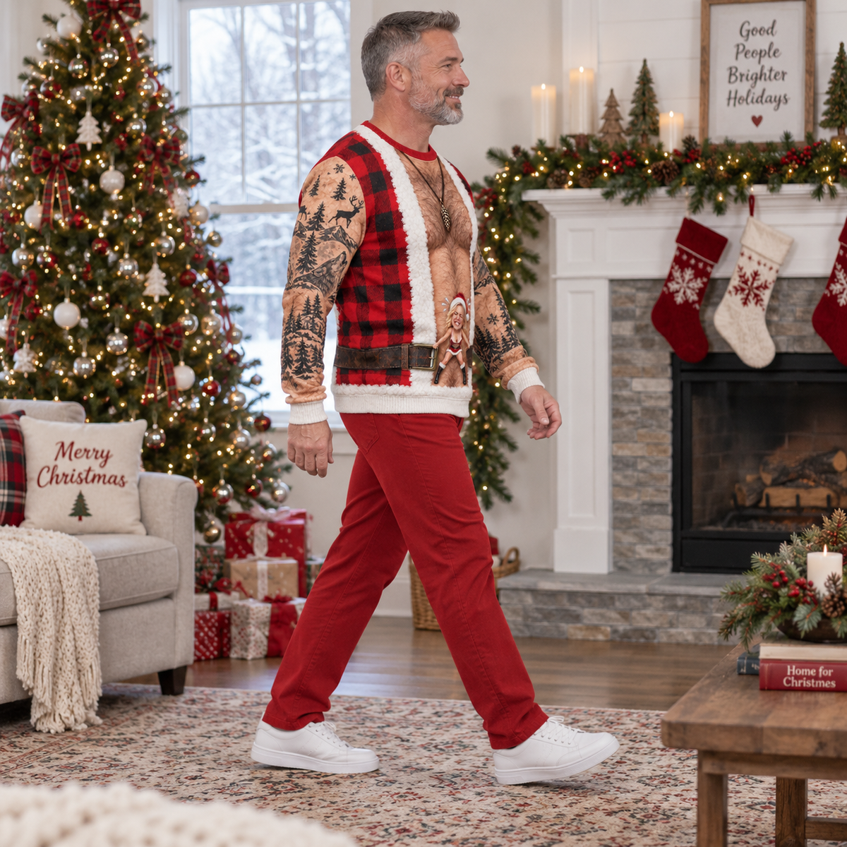 Funny Christmas Sweatshirt Hairy Chest Plaid Vest Tattoo Graphic