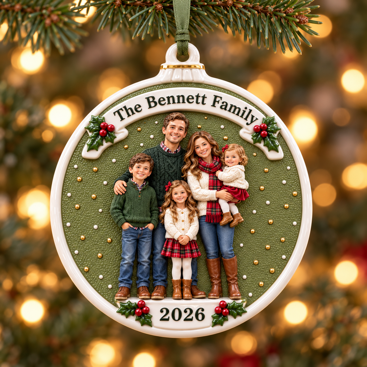 Family Portrait Ceramic Medallion with Ribbon and Holly Accents - 3D Relief Ornament