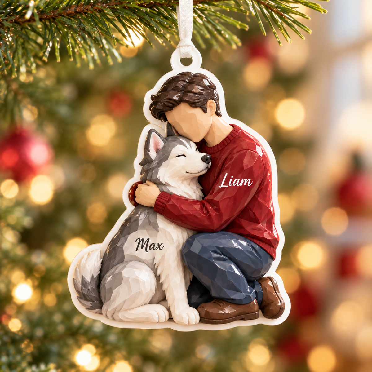 Boy Hugging Siberian Husky Dog Christmas Tree Hanging Keepsake - 3D Relief Ornament