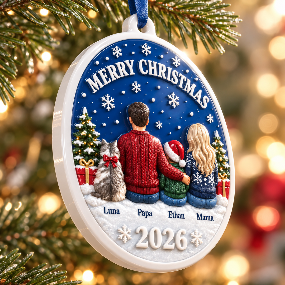 Family and Cat Christmas Hanging Medallion, Oval Blue Winter Sky Holiday Decor - 3D Relief Ornament