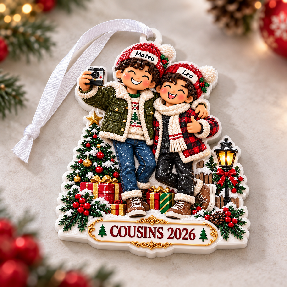 Two Boys Taking Selfie Christmas Tree Plaque Holiday Keepsake - 3D Relief Ornament