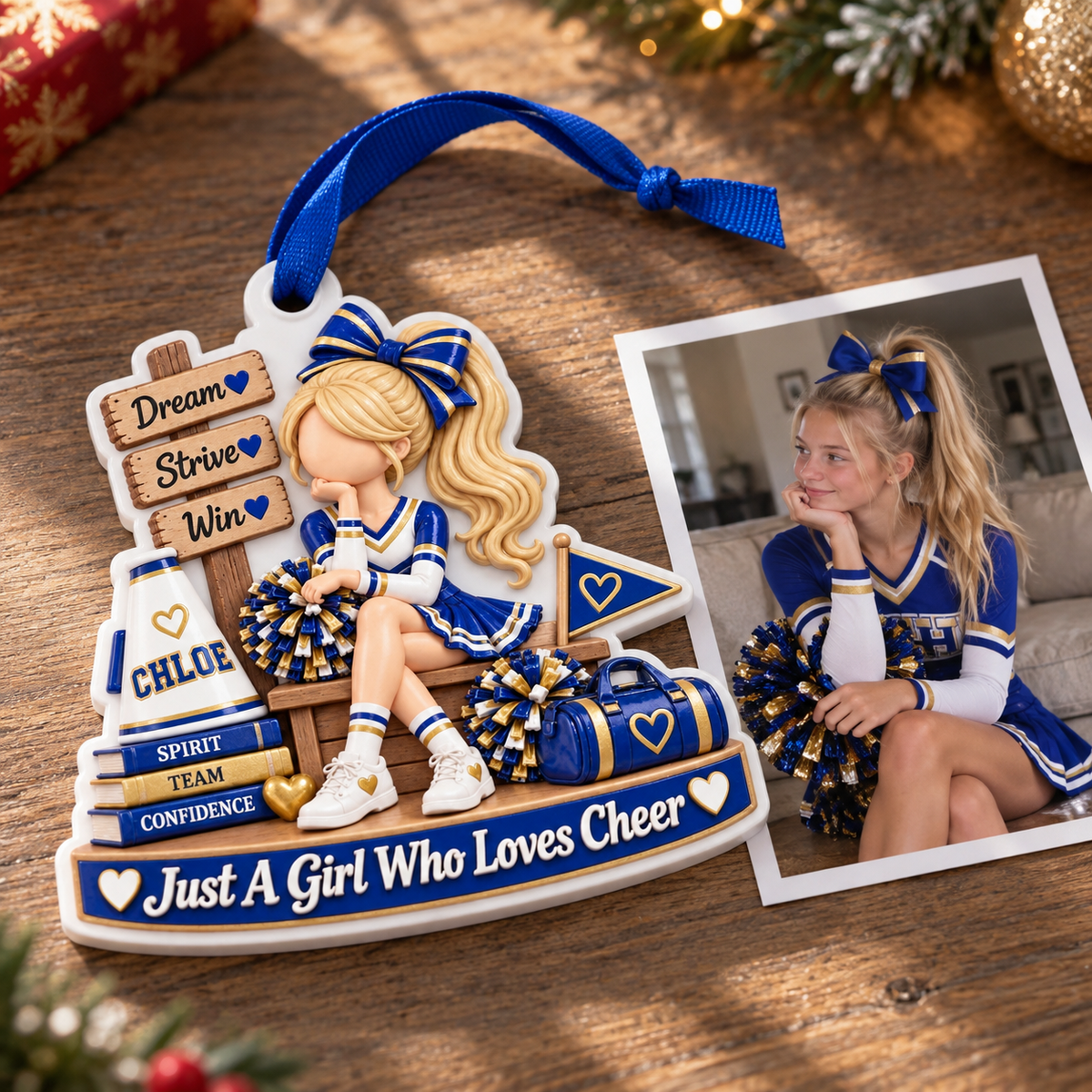 Cheerleading Girl with Megaphone and Pom Poms Acrylic Hanging Holiday Keepsake - 3D Relief Ornament