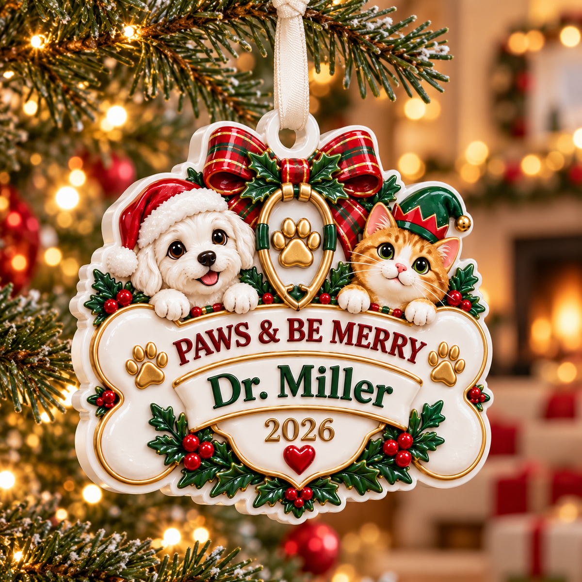 Veterinary Dog and Cat Bone Plaque Holiday Hanging Keepsake - 3D Relief Ornament