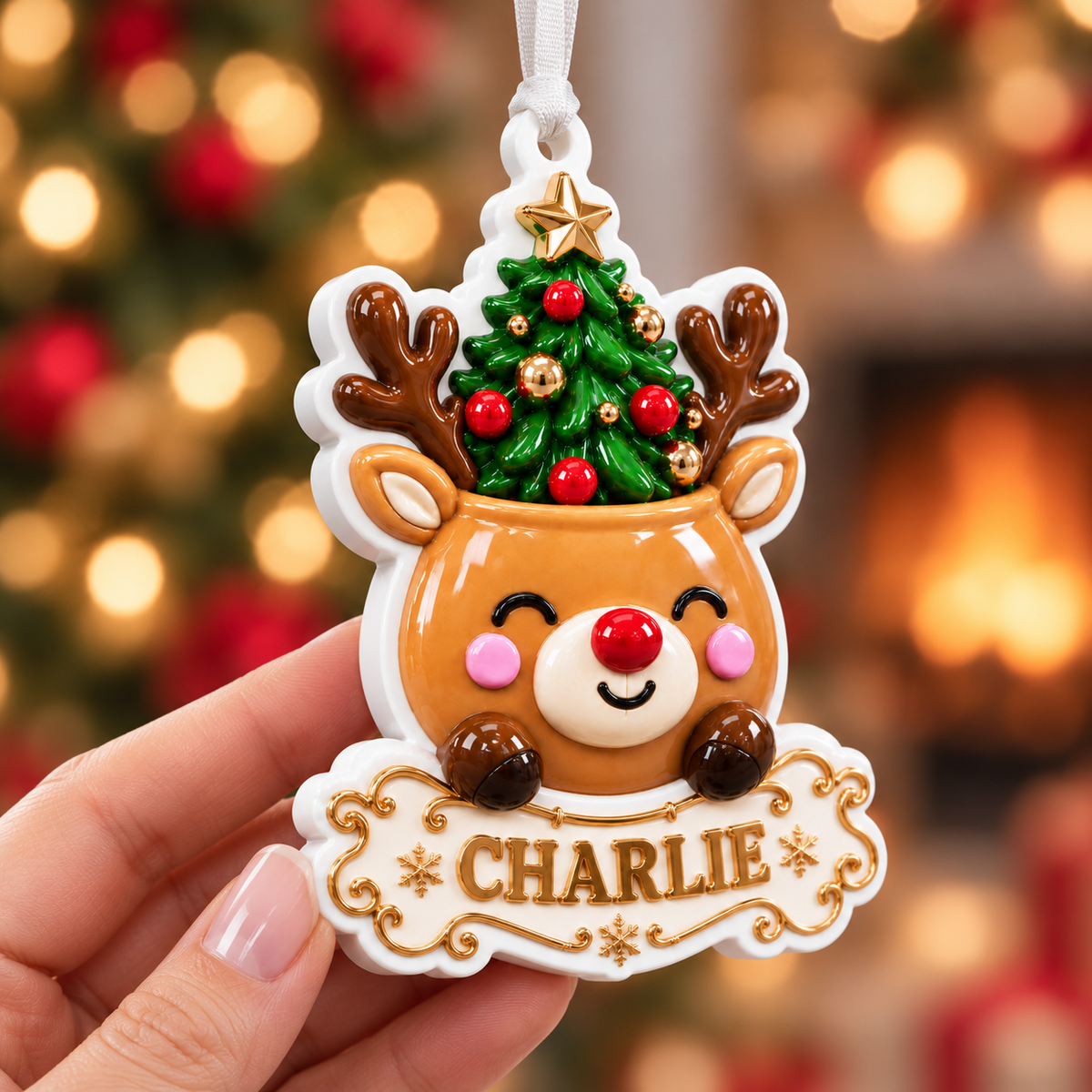 White Ceramic Scalloped Crest Holiday Tree Hanging Decoration - 3D Relief Ornament