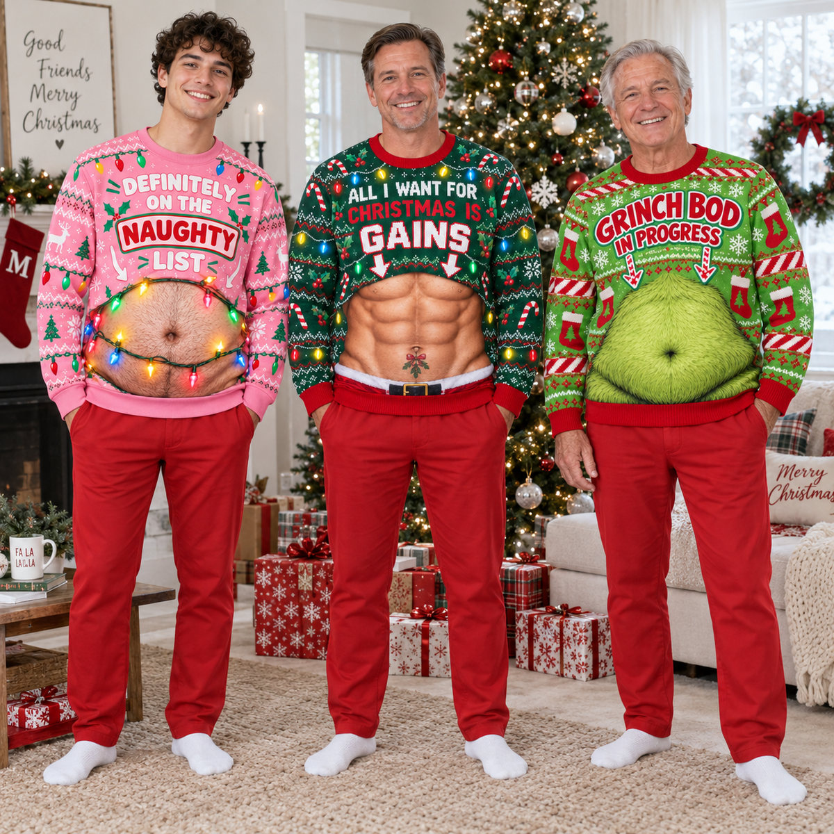 Funny Christmas Sweatshirt Fake Belly Print Novelty Holiday Pullover