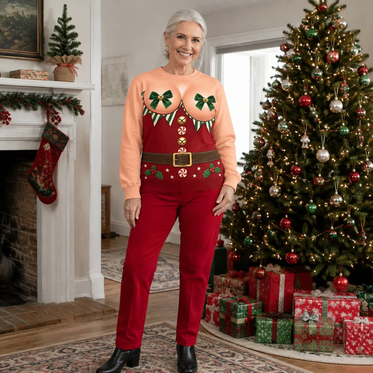 Funny Cleavage Ugly Christmas Sweatshirt, Faux Chest Holiday Top