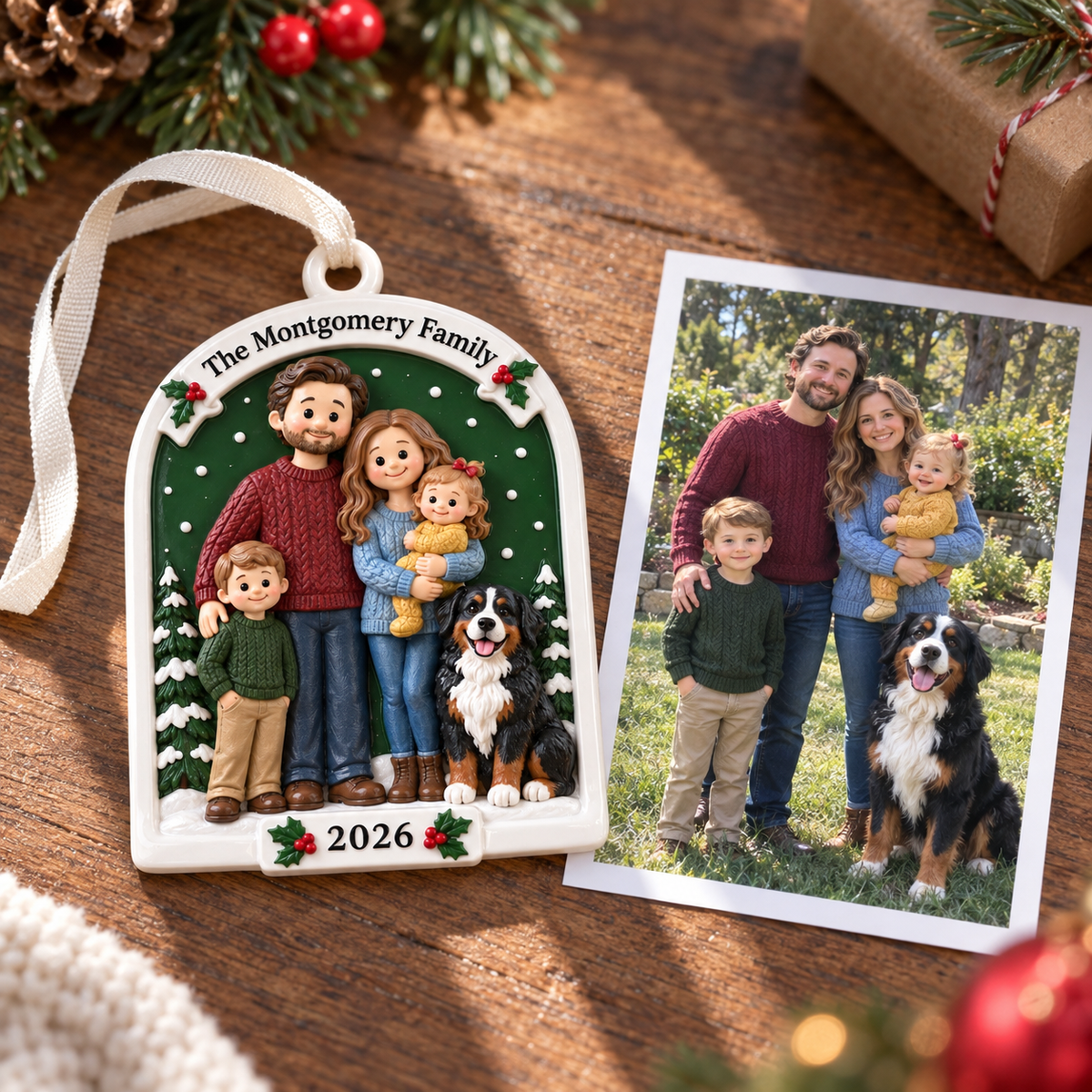 Family of 4 with Pet Dog Christmas Tree Hanging Plaque, Arched Ceramic Holiday Keepsake - 3D Relief Ornament
