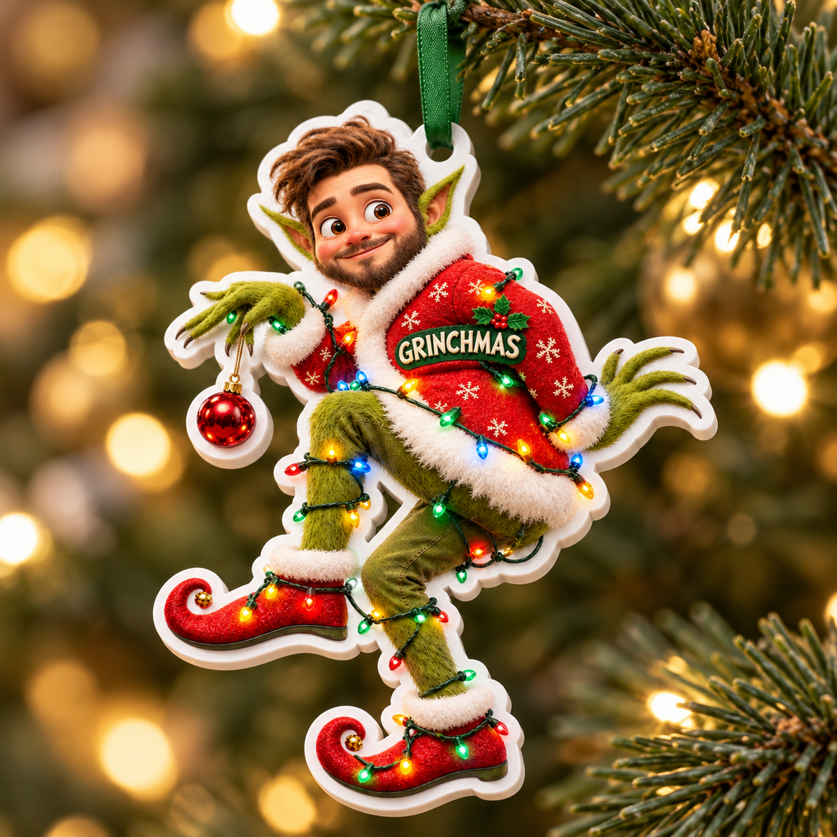 Stealthy Green Elf in Santa Coat with Christmas Lights Hanging Acrylic Bauble - 3D Relief Ornament