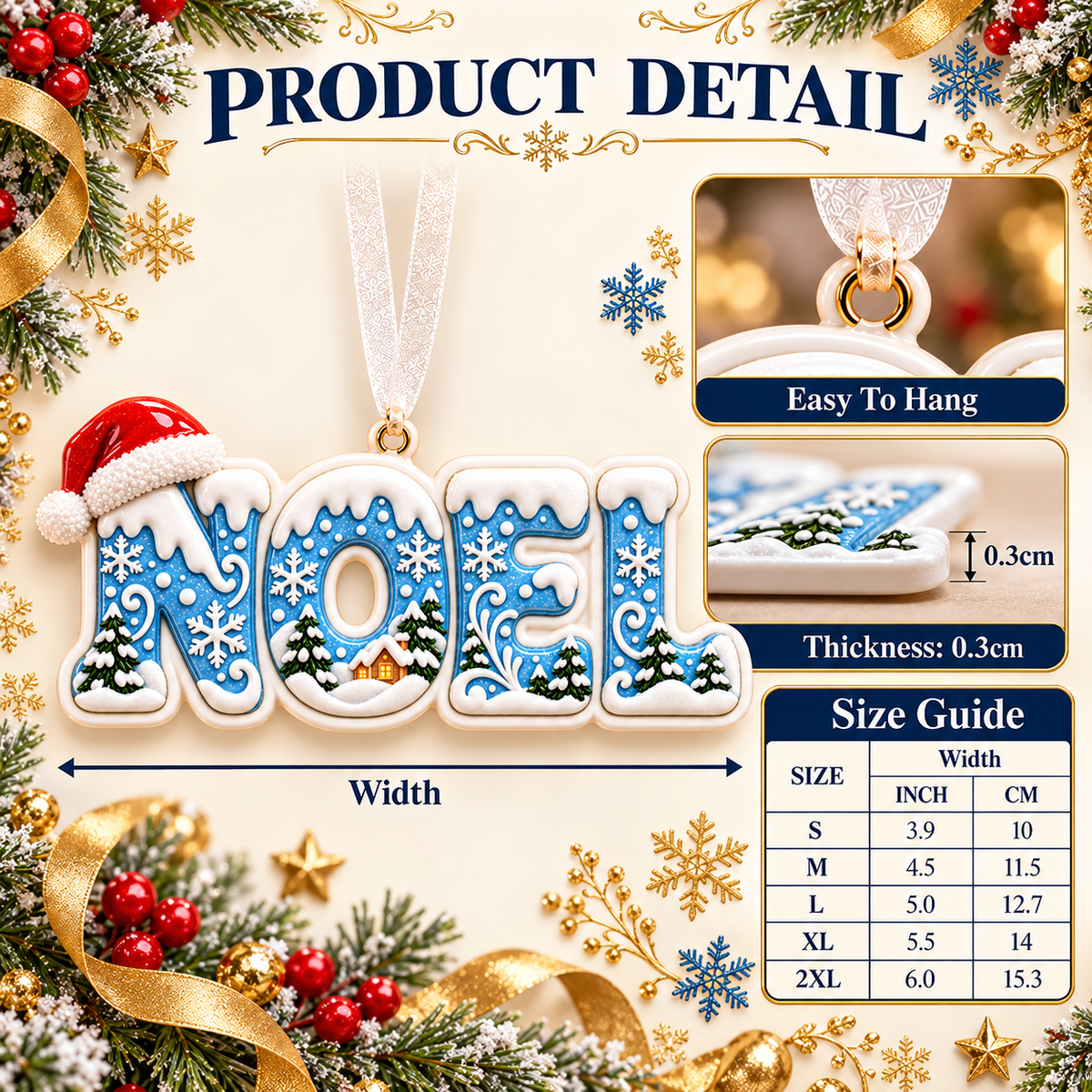 Winter Noel Lettering Holiday Tree Hanging Decor with Santa Hat - 3D Relief Ornament