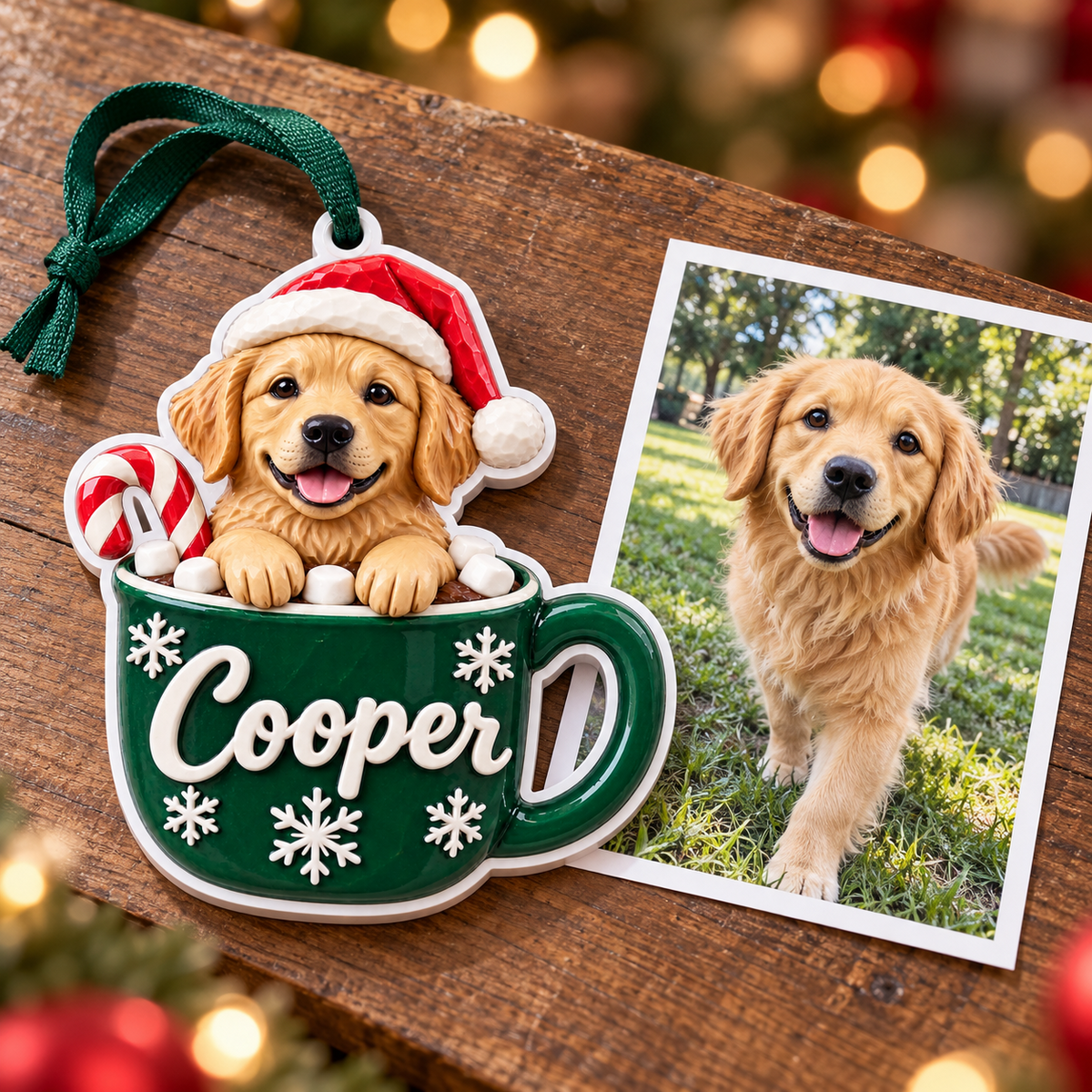 Golden Retriever Puppy in Cocoa Mug Christmas Tree Hanging Decor - 3D Relief Ornament
