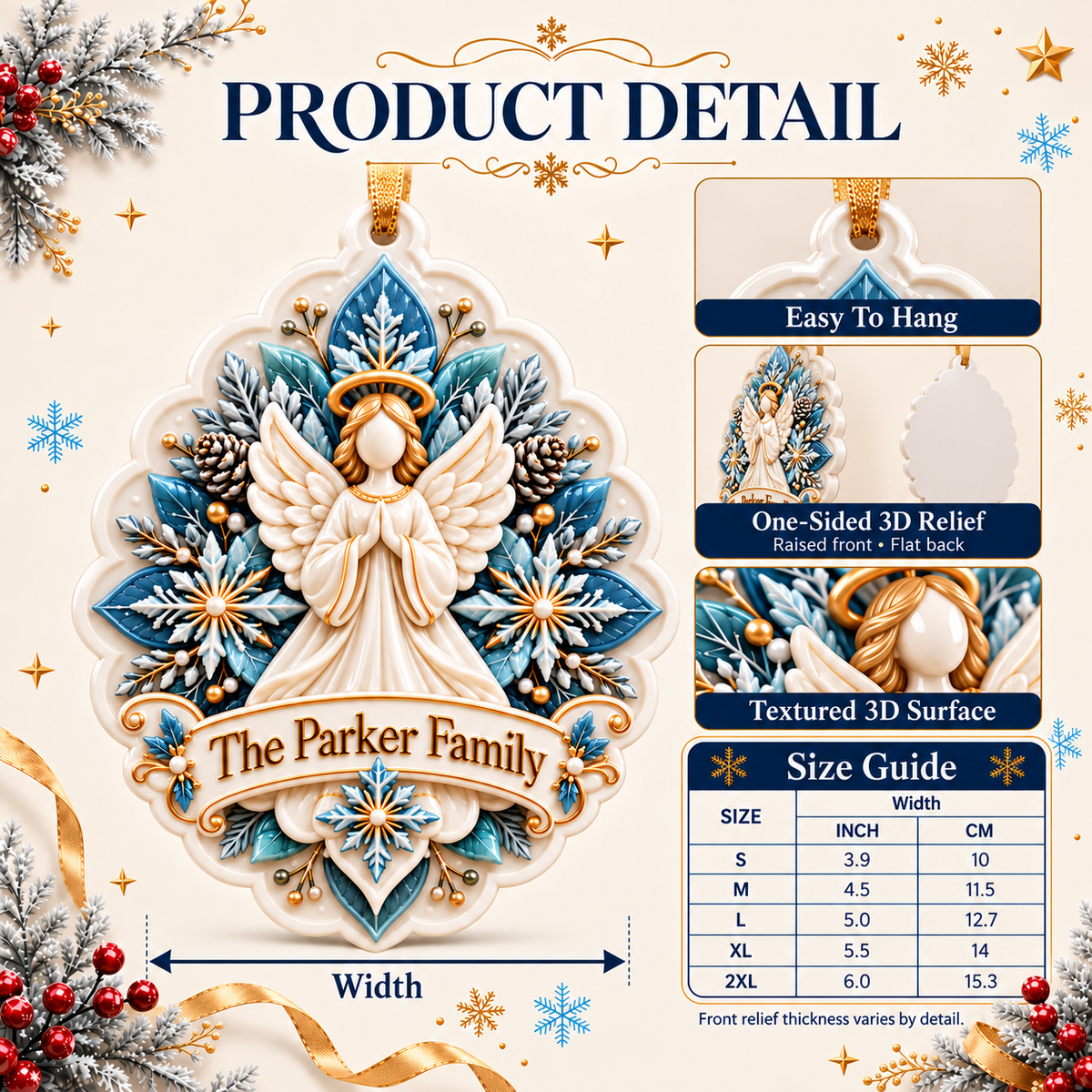 Praying Christmas Angel with Snowflake Medallion Frame - 3D Relief Ornament