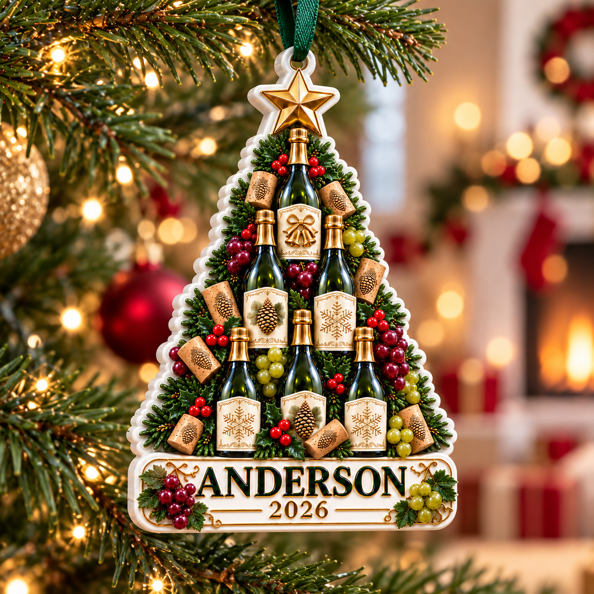 Champagne Wine Bottle Christmas Tree Plaque - 3D Relief Ornament