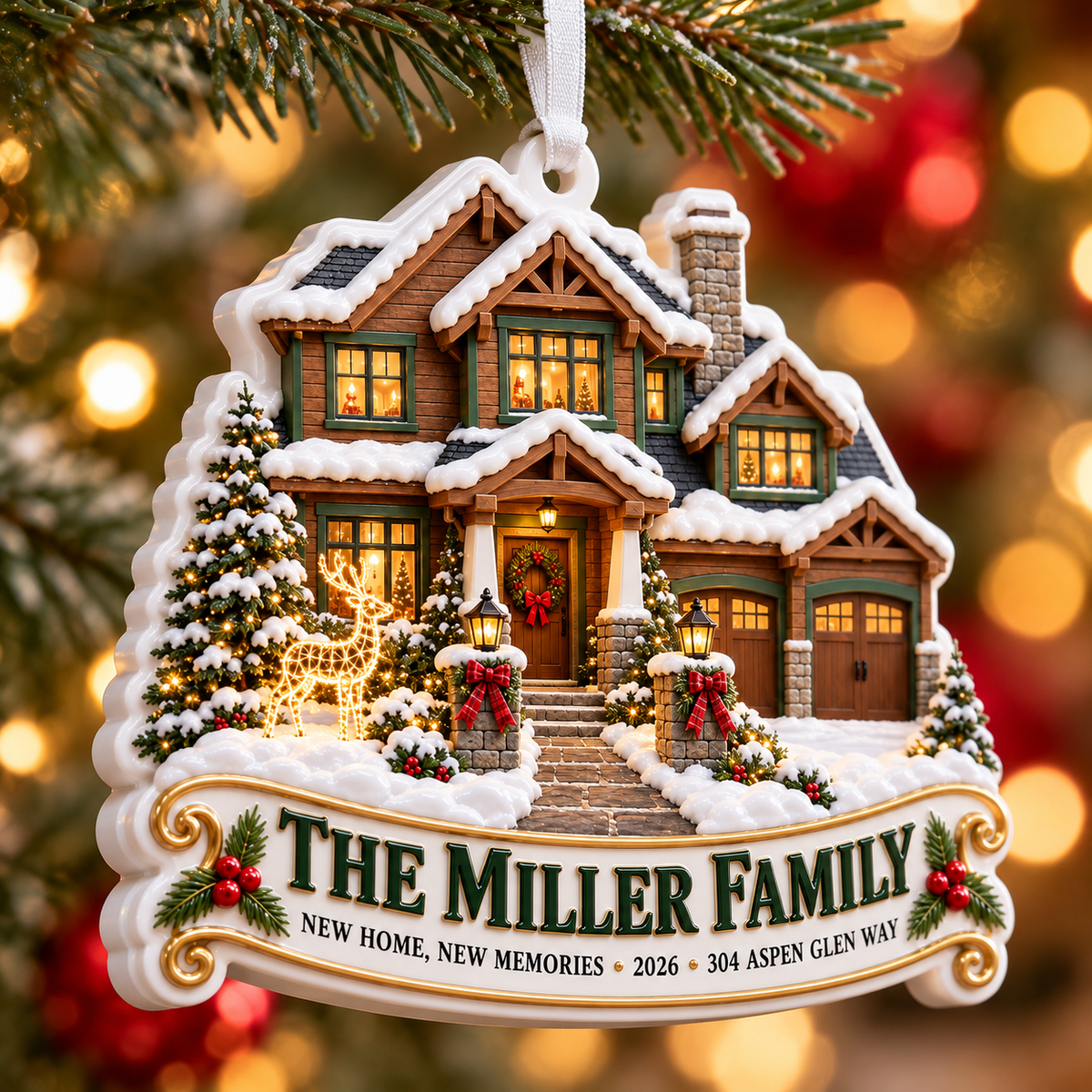 Snowy Winter House Holiday Keepsake with Ribbon Hanging Loop - 3D ...