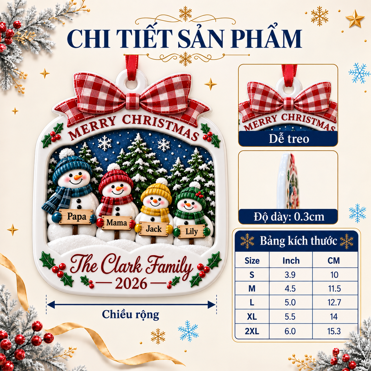 Snowman Family of 4 Christmas Tree Decoration with Red Plaid Bow - 3D Relief Ornament