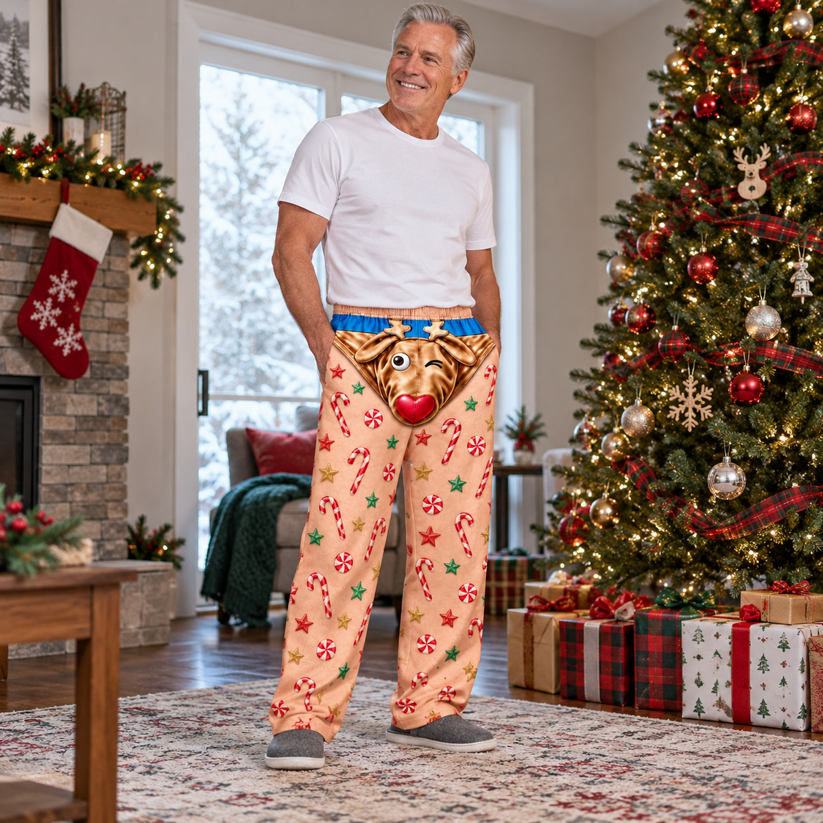 Mens Christmas Pajama Pants Reindeer Boxer Print Lounge Bottoms