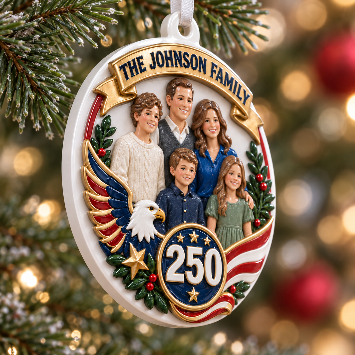 Christmas Tree Hanging Medallion Patriotic American 250 Family Portrait - 3D Relief Ornament