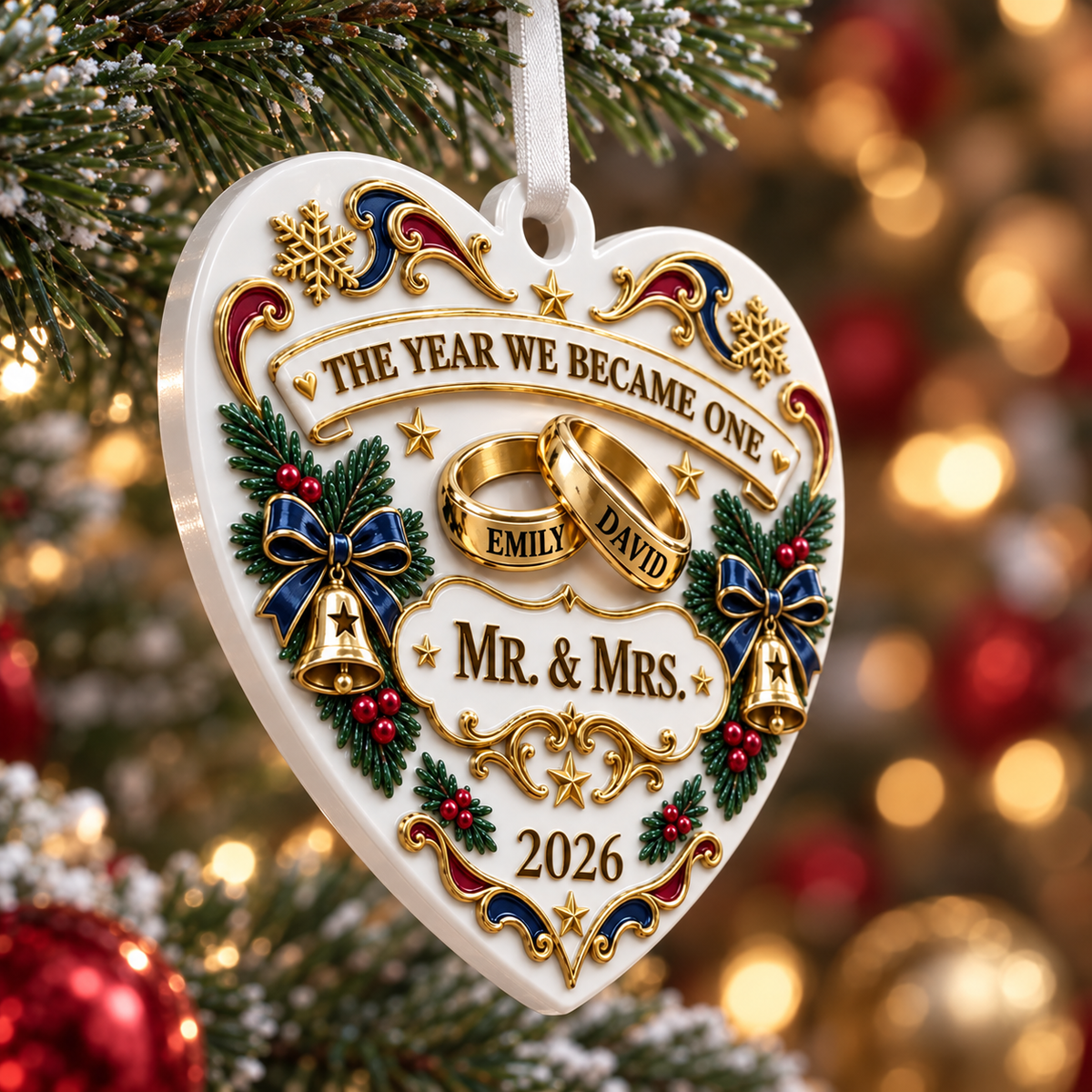 Heart Wedding Keepsake with Rings and Bells for Christmas Tree Decor - 3D Relief Ornament