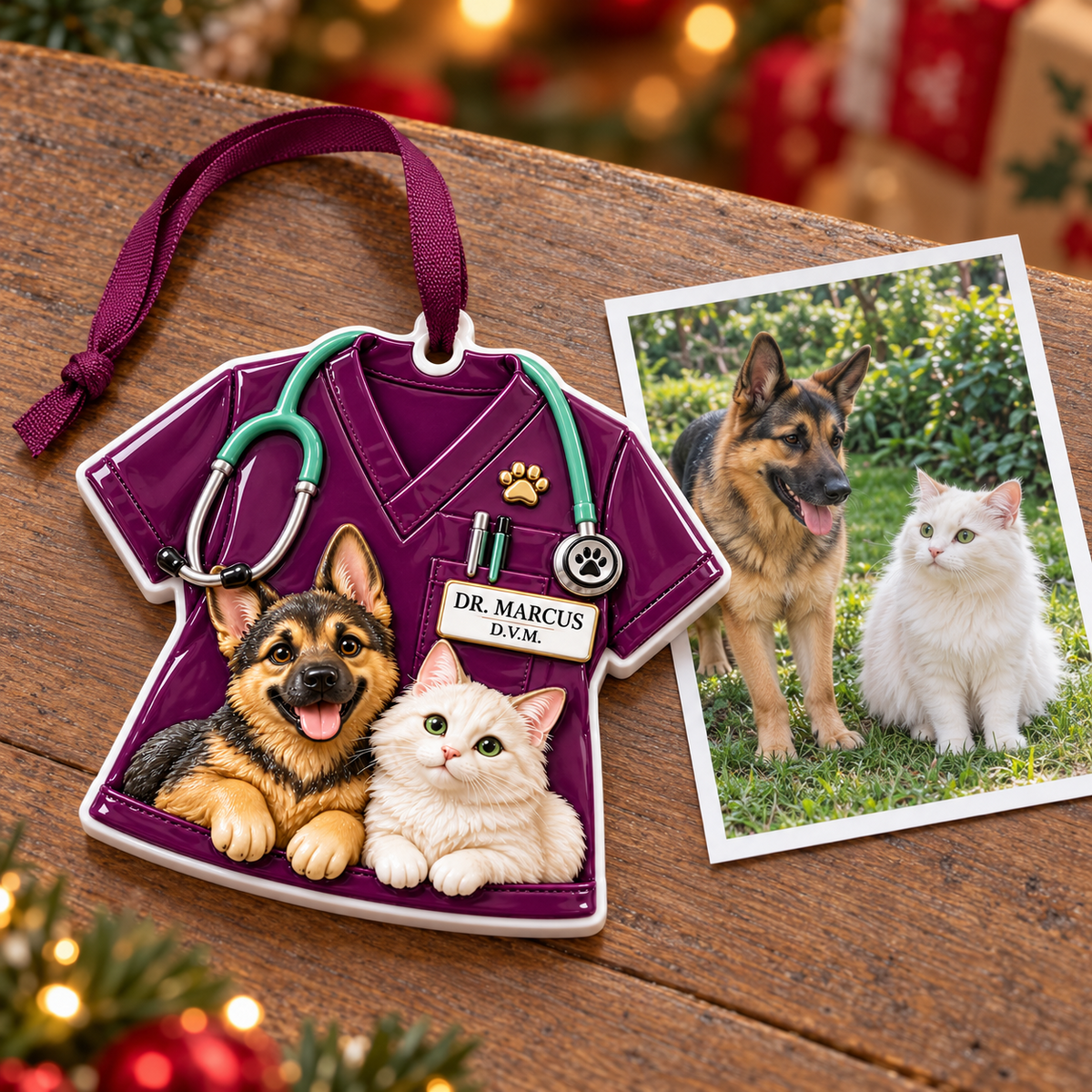 Veterinarian Scrub Uniform with German Shepherd Dog and White Cat - 3D Relief Ornament